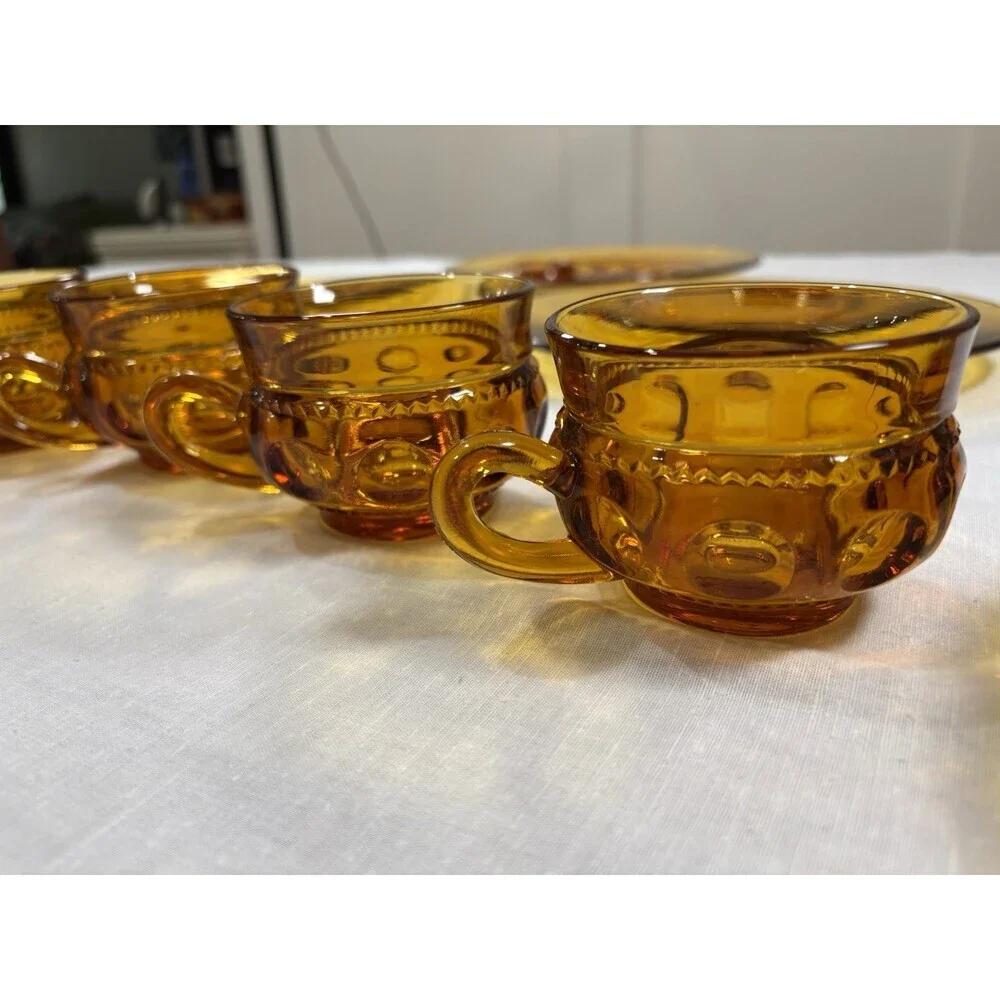 Vintage Indiana Glass Kings Crown Thumbprint Amber Snack Set 6 Plates 6Cups